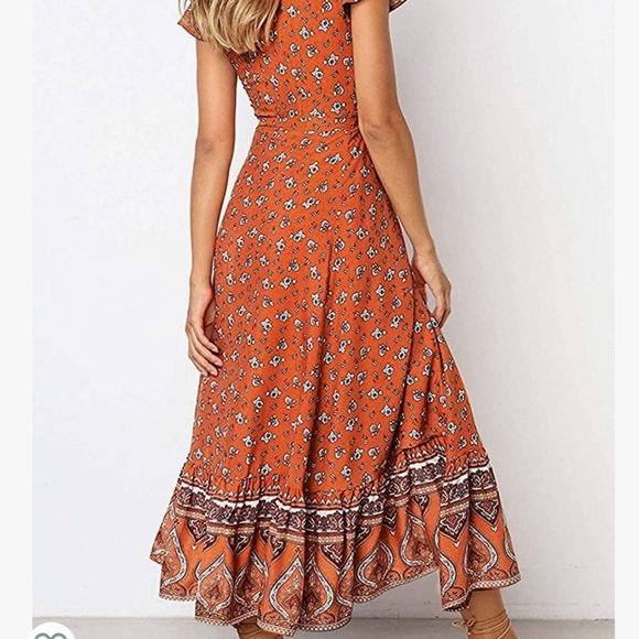 Bohemian Floral Printed Wrap V Neck Short Sleeve Split Beach Party Maxi Dress - Picture 2 of 3